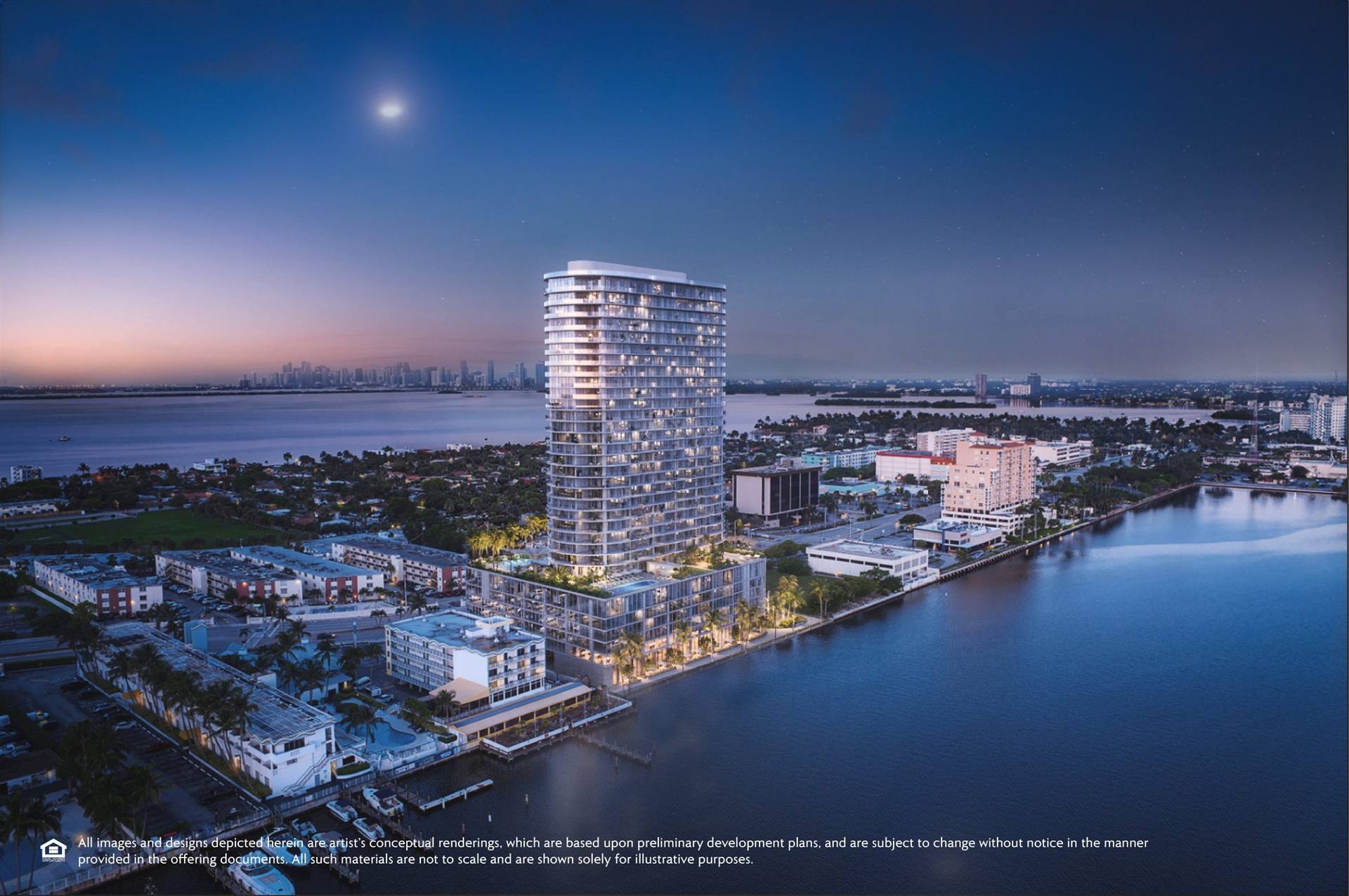 Continuum Club & Residences at dusk on the North Bay Village waterfront